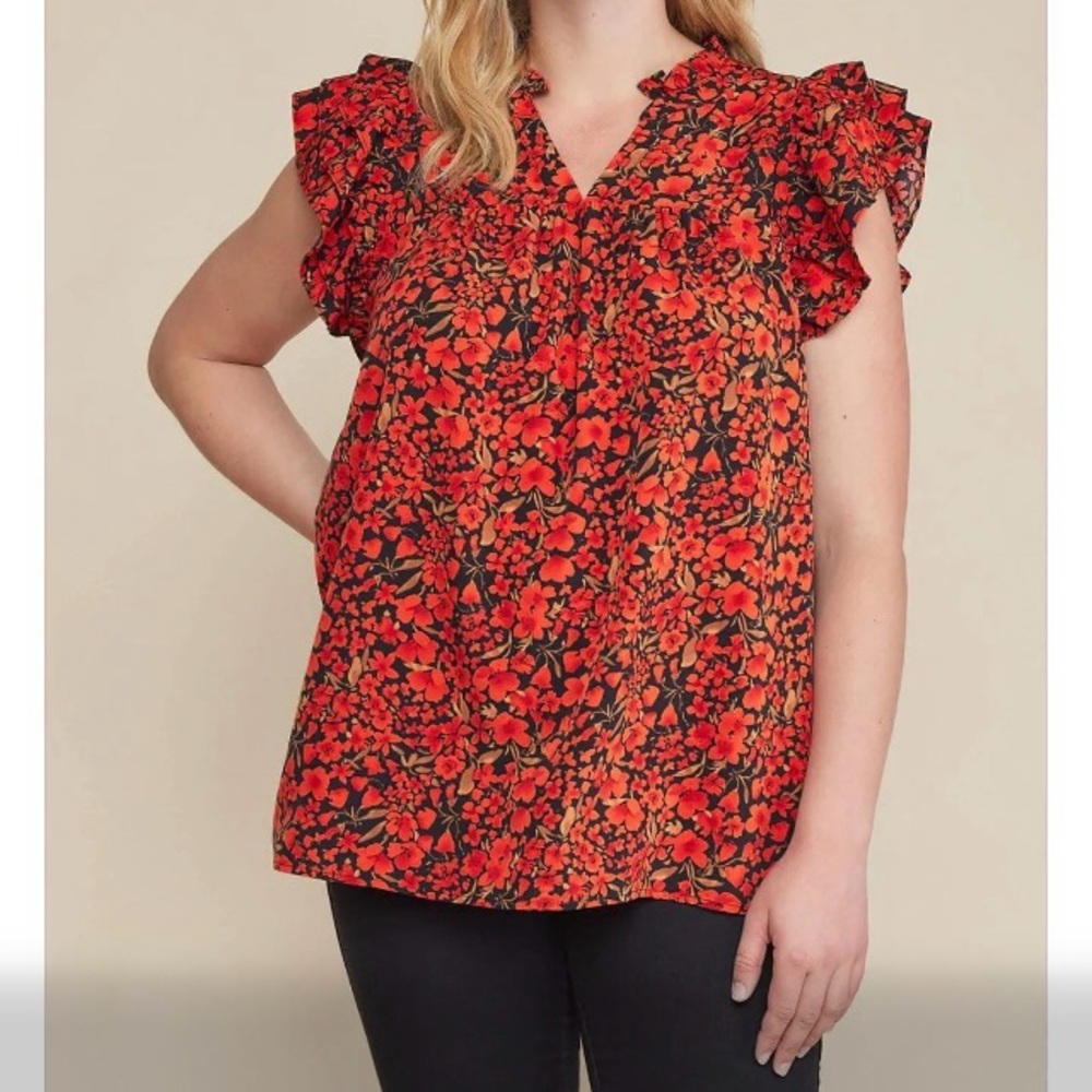 Entro Red and Black Floral Sleeve Blouse